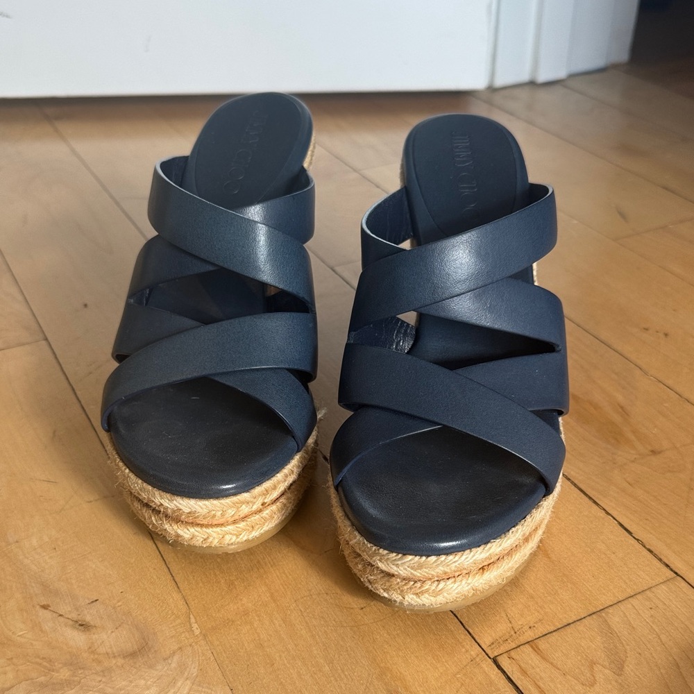 Jimmy Choo Navy Espadrille Wedge Sandals